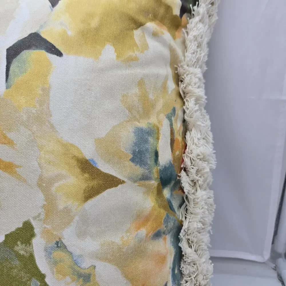 English Rose Watercolor Print Pillow W Fringe Made In England Duck Feather NEW
